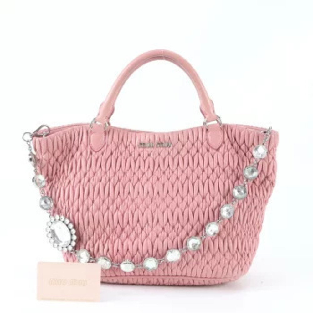 Miu Miu Nappa Crystal Card Matelasse Leather Tote Bag Pink